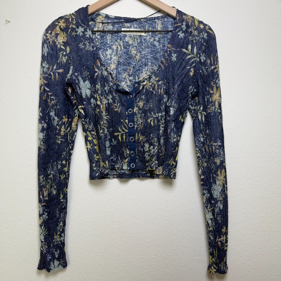 Free People Women Angelina Top XS Blue Sheer Button Front Long Sleeve Crop Indie - Picture 2 of 10